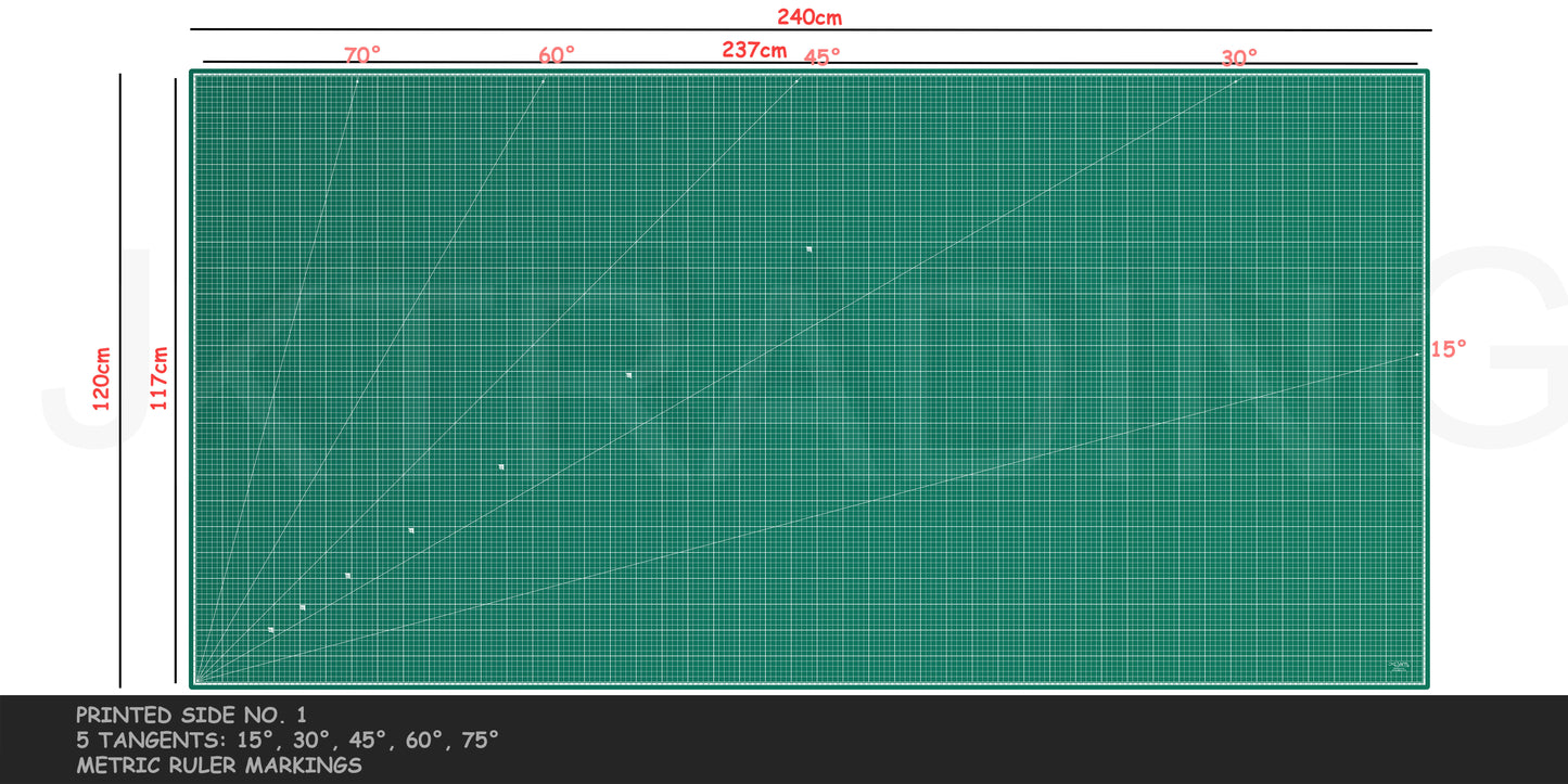 Clean profile view of the reverse side of a professional green 240x120cm mat showcasing full metric centimeter layout guidelines.