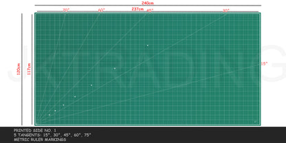 Clean profile view of the reverse side of a professional green 240x120cm mat showcasing full metric centimeter layout guidelines.