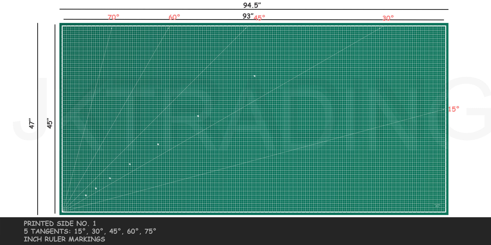 Side view of a green heavy-duty 240x120cm sewing grid mat displaying its crisp white imperial inch measuring grid system.