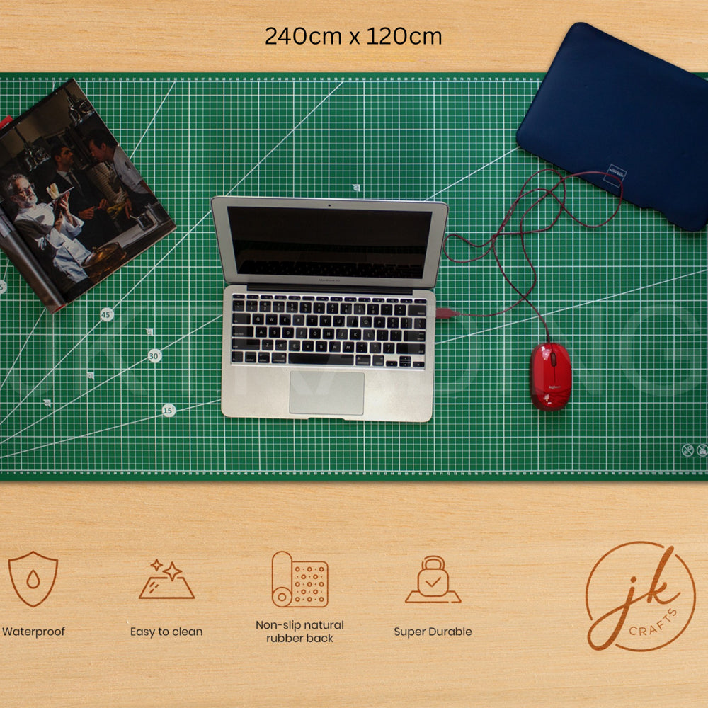 Laptop, mouse, and photo on a large green cutting mat with 'jk crafts' branding.