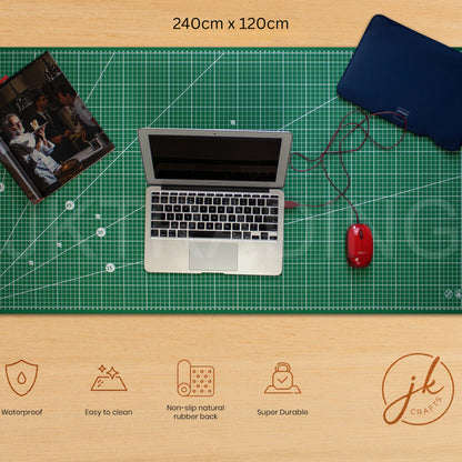 Laptop, mouse, and photo on a large green cutting mat with 'jk crafts' branding.