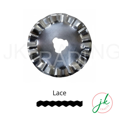 Lace pattern dressmaking rotary disc designed to slice delicate, repeating open-work edge lines on lightweight textiles.