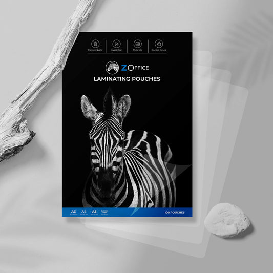 Premium thermal laminating pouches retail packaging pack displaying a high-contrast printed zebra portrait.