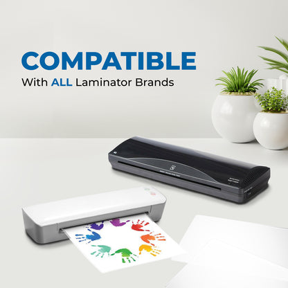 Compact thermal laminating machine processing a colorful document sheet to demonstrate universal brand compatibility.