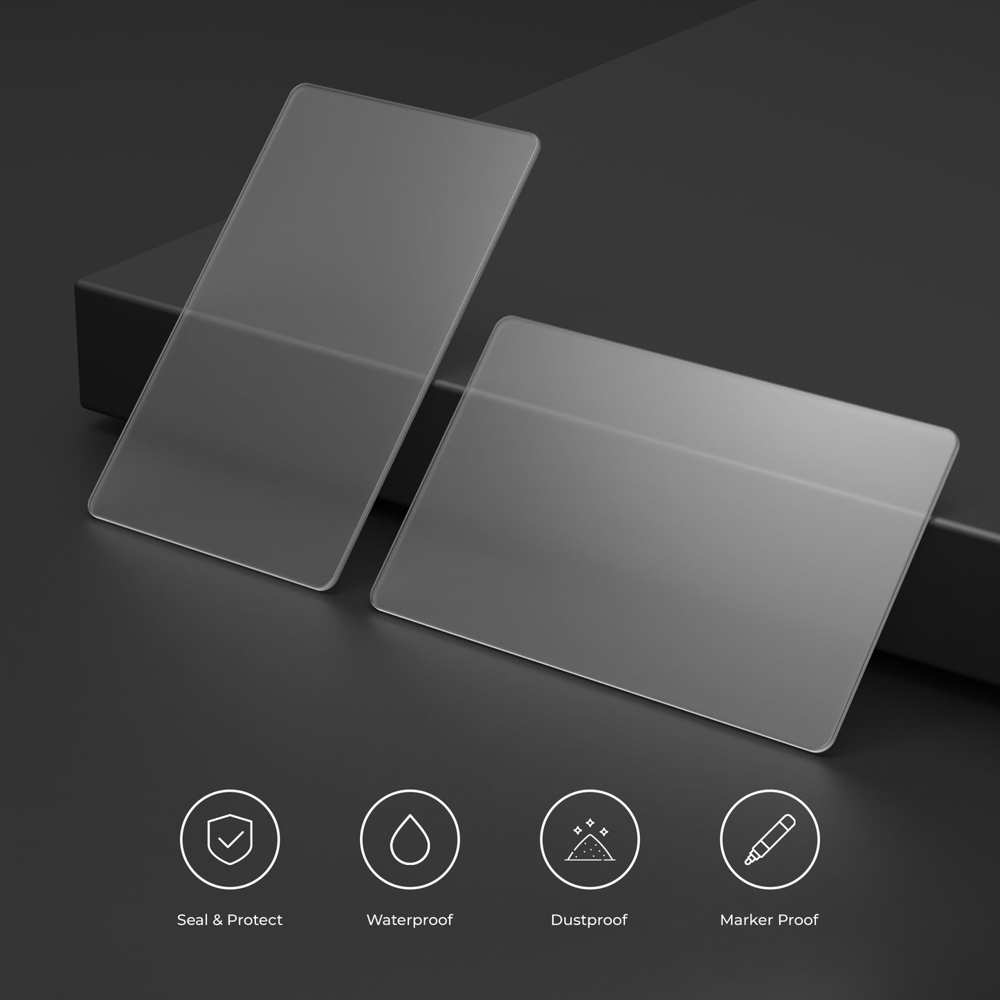 Clear glossy lamination sheets highlighting their heavy-duty waterproof, scratch-resistant, and dustproof qualities.