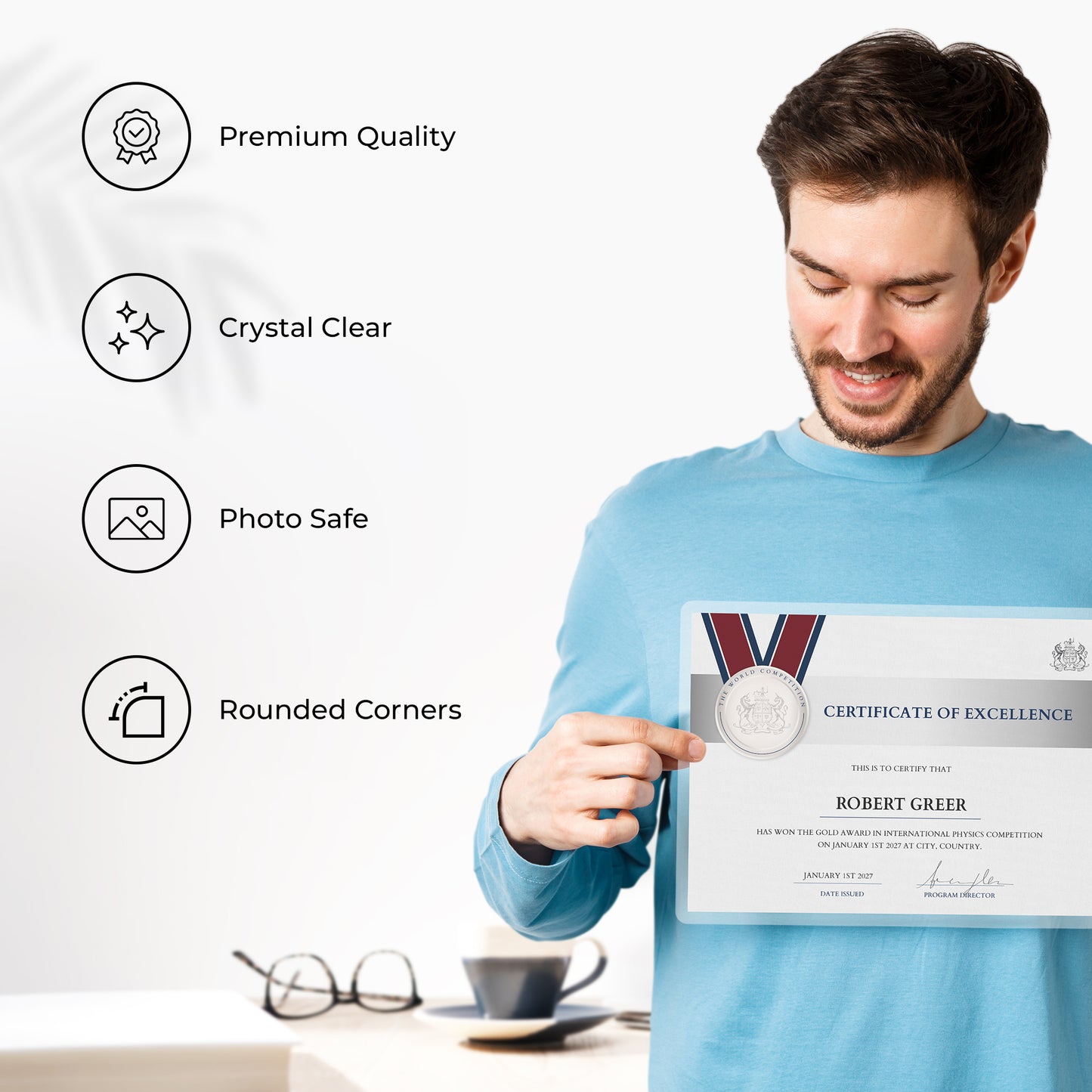 Proud professional holding up a perfectly preserved achievement certificate inside a clear laminating film sheet.