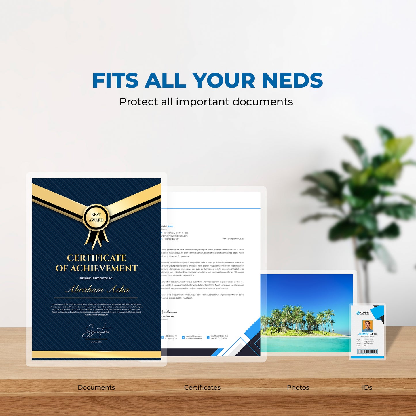 A collection of standard documents, ID badges, and family photos perfectly protected inside crystal clear laminate sleeves.