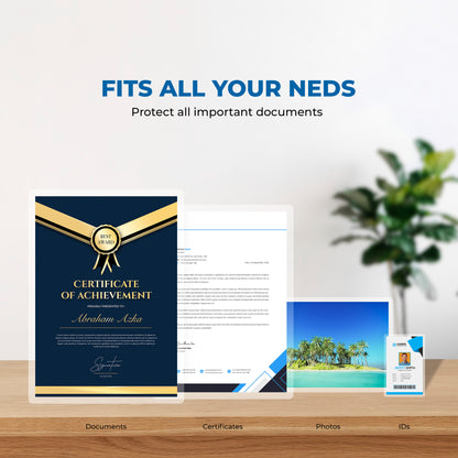 A collection of standard documents, ID badges, and family photos perfectly protected inside crystal clear laminate sleeves.