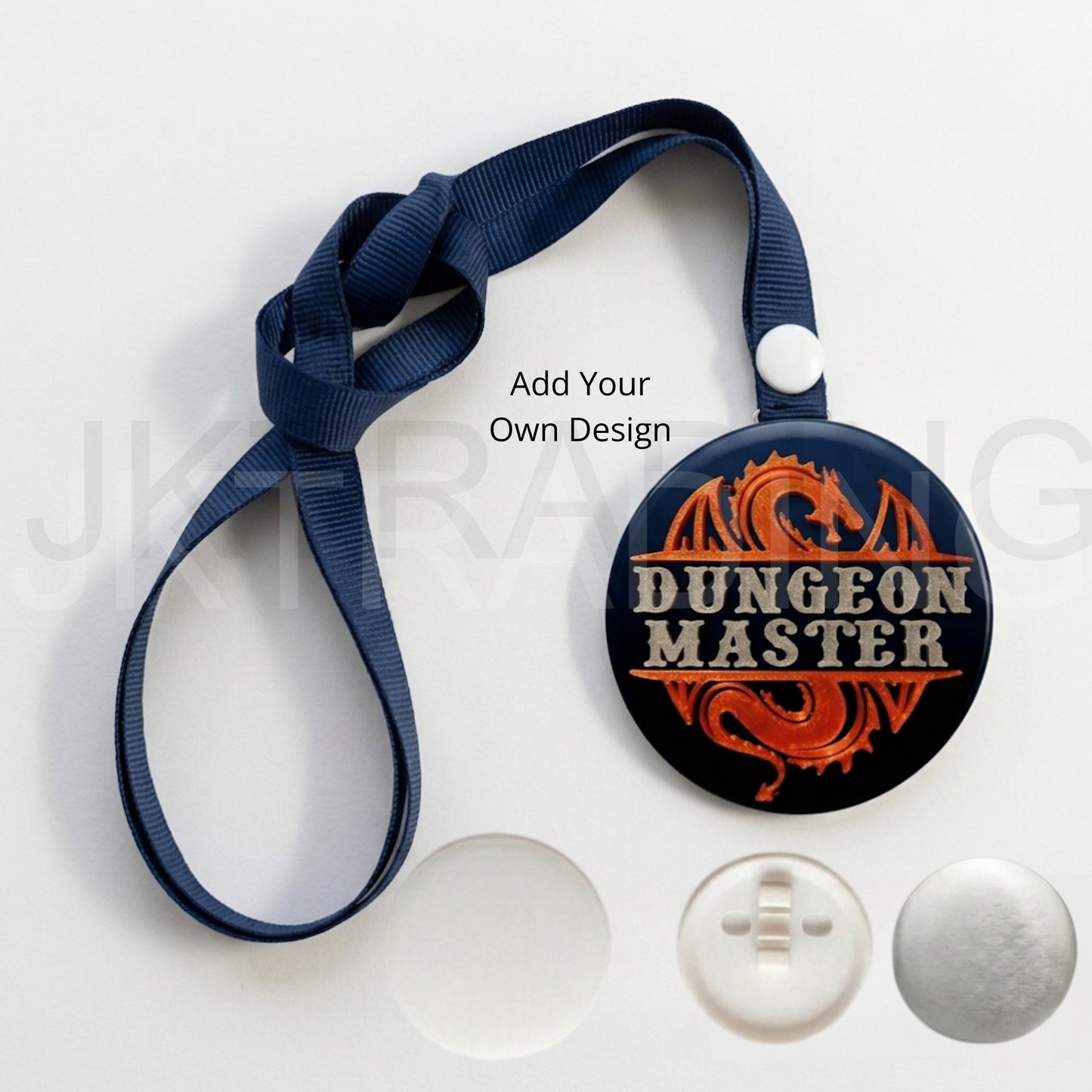 DIY Button Badge lanyard ribbon with 'Dungeon Master' design on a blue ribbon against a white background
