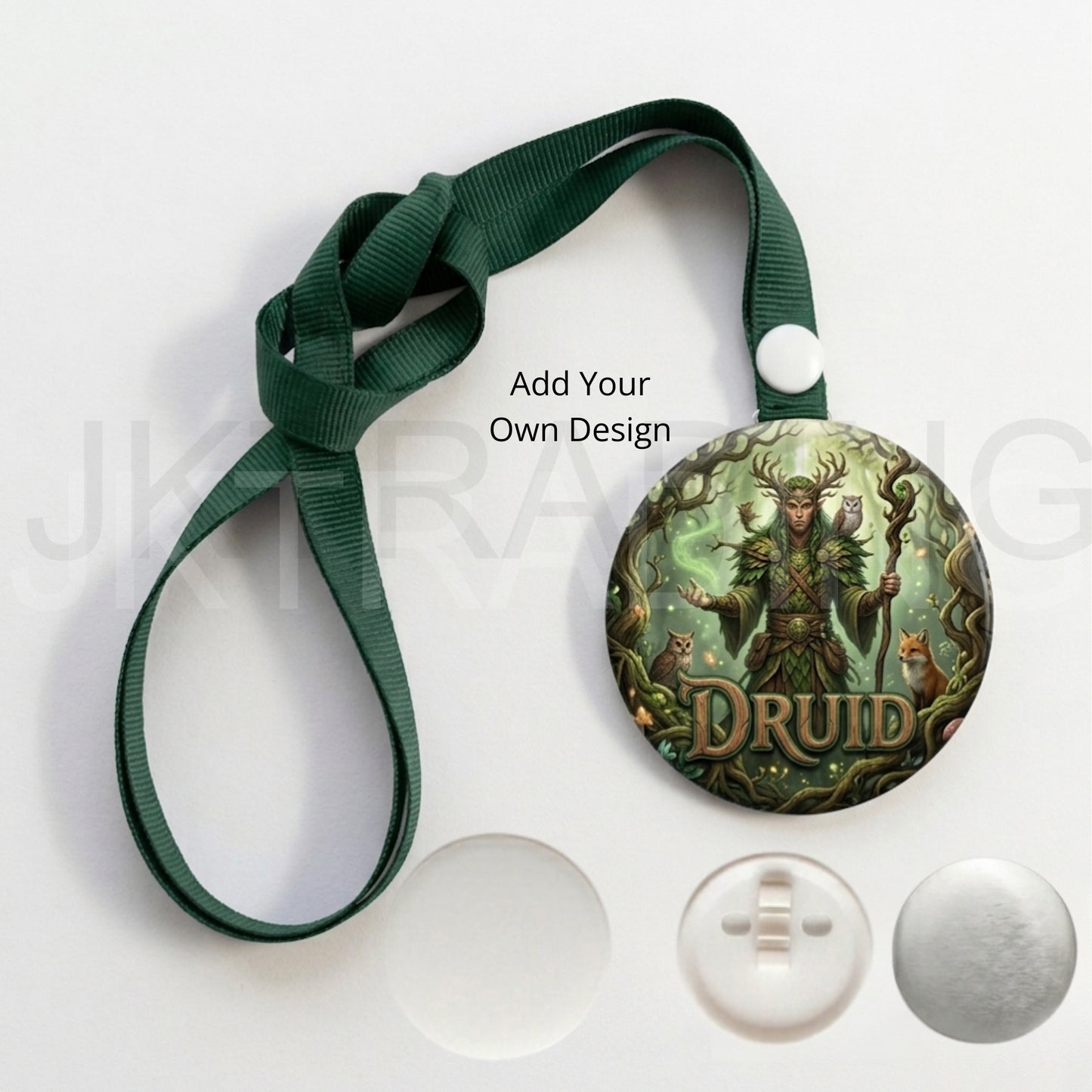 DIY Button Badge lanyard ribbon with druid design on a green ribbon against a white background