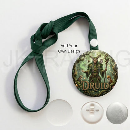 DIY Button Badge lanyard ribbon with druid design on a green ribbon against a white background