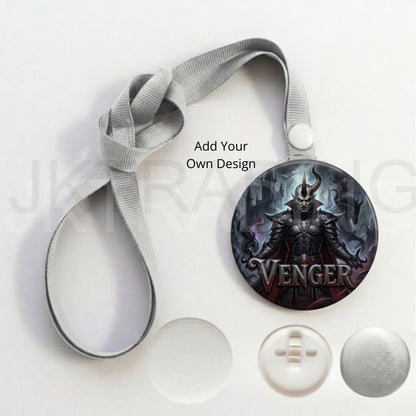 DIY Button Badge lanyard ribbon with venger design on a grey ribbon against a white background