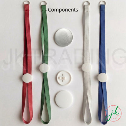 Components breakdown for DIY lanyard button badge kit featuring colored neck straps, metal shells, and plastic backings.