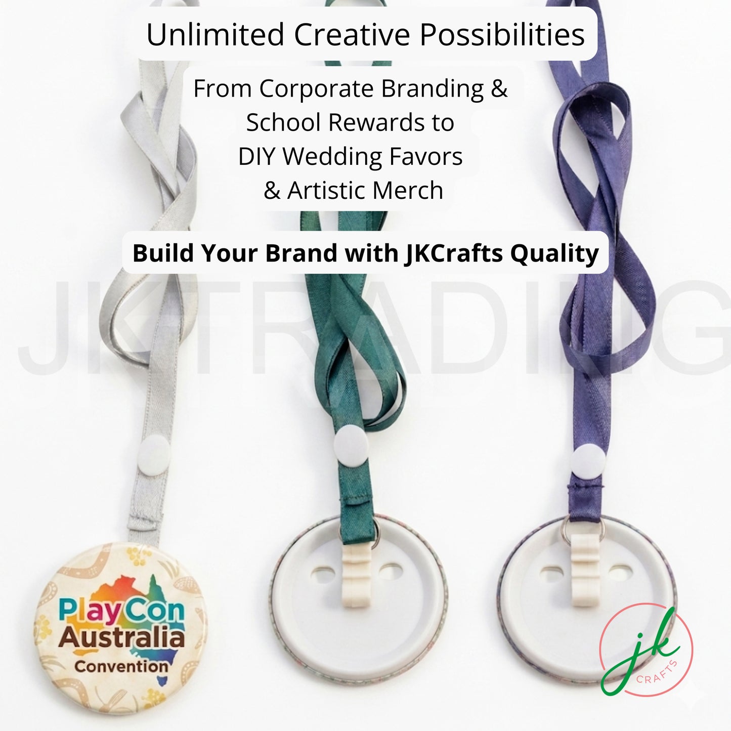 Custom graphic lanyard badge reels highlighting branding possibilities for corporate events and school rewards.