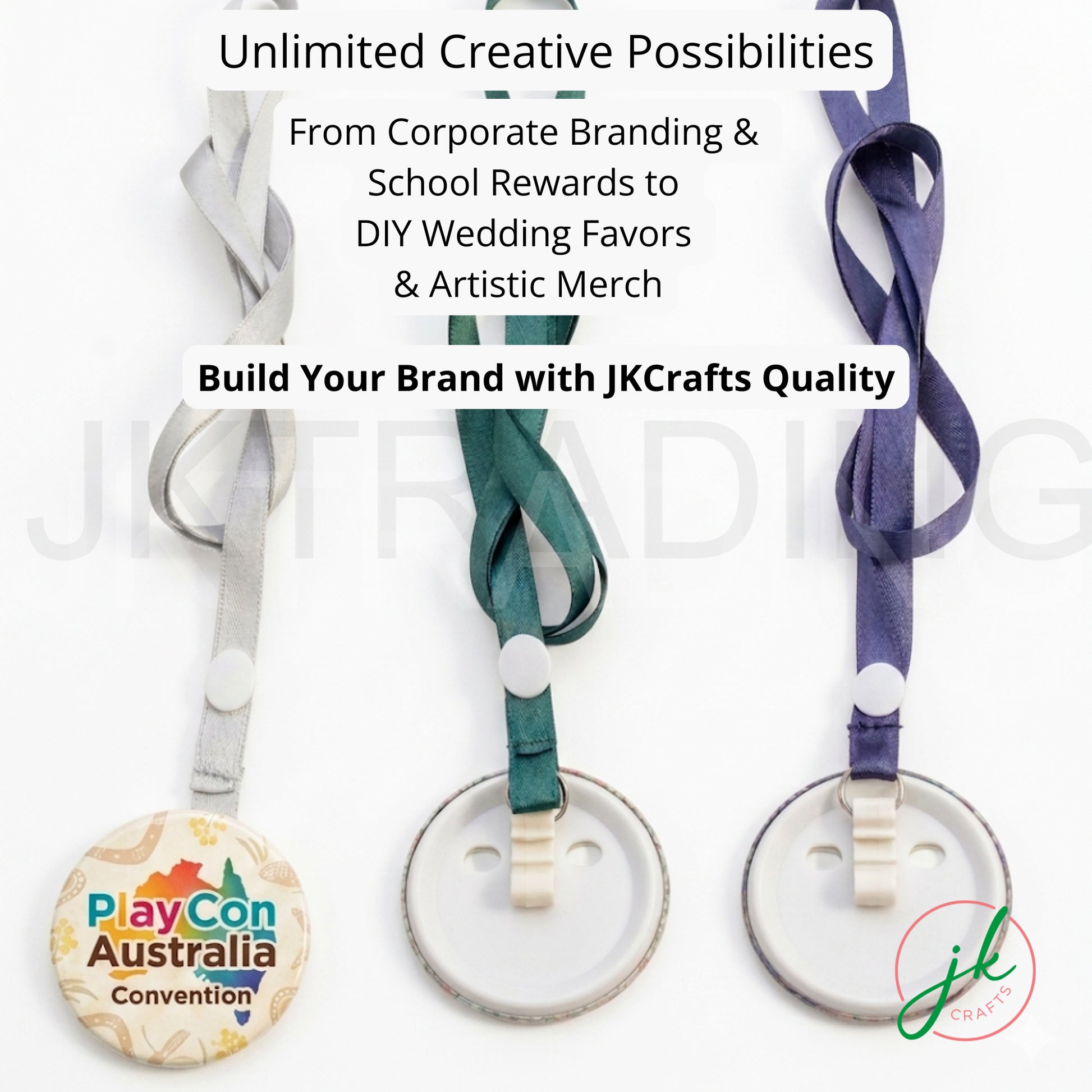 Custom graphic lanyard badge reels highlighting branding possibilities for corporate events and school rewards.
