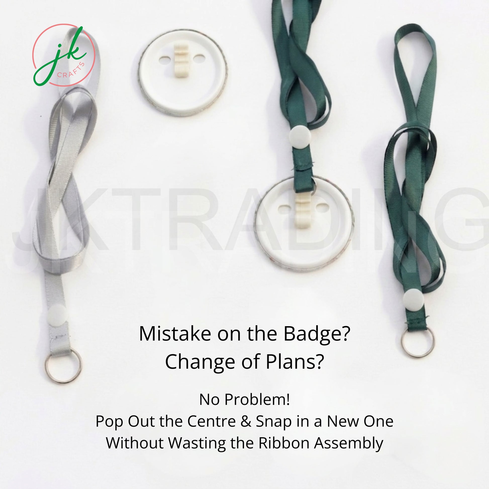 JKCrafts green and silver custom ID lanyard button badges showcasing removable centerpiece design features.