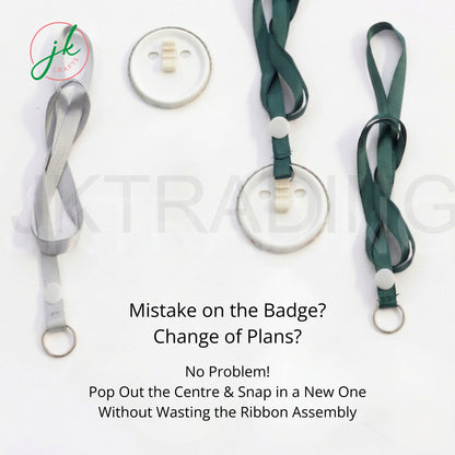 JKCrafts green and silver custom ID lanyard button badges showcasing removable centerpiece design features.