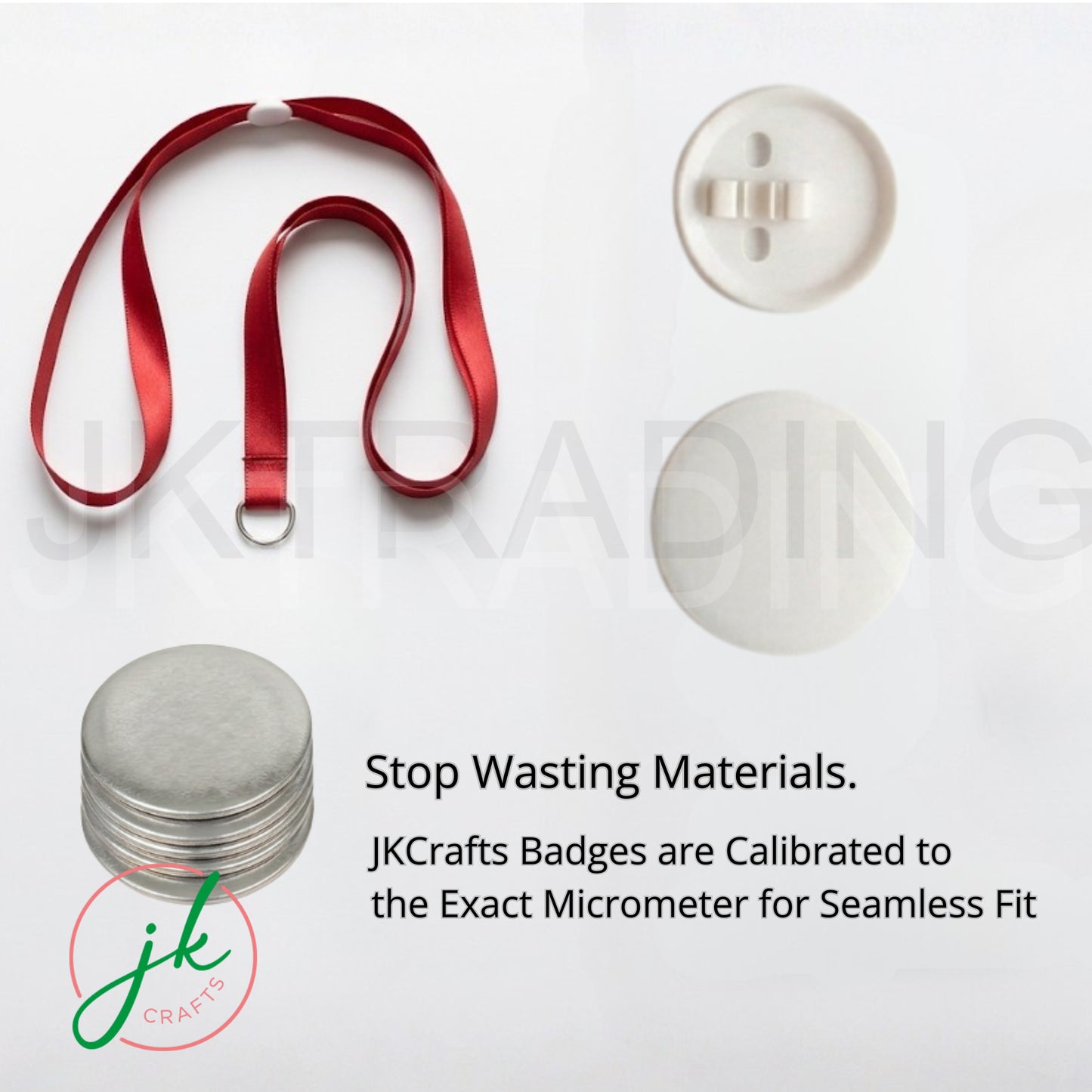 Badge components including a red lanyard, buttons, and metal plates on a white background with JK Crafts branding.