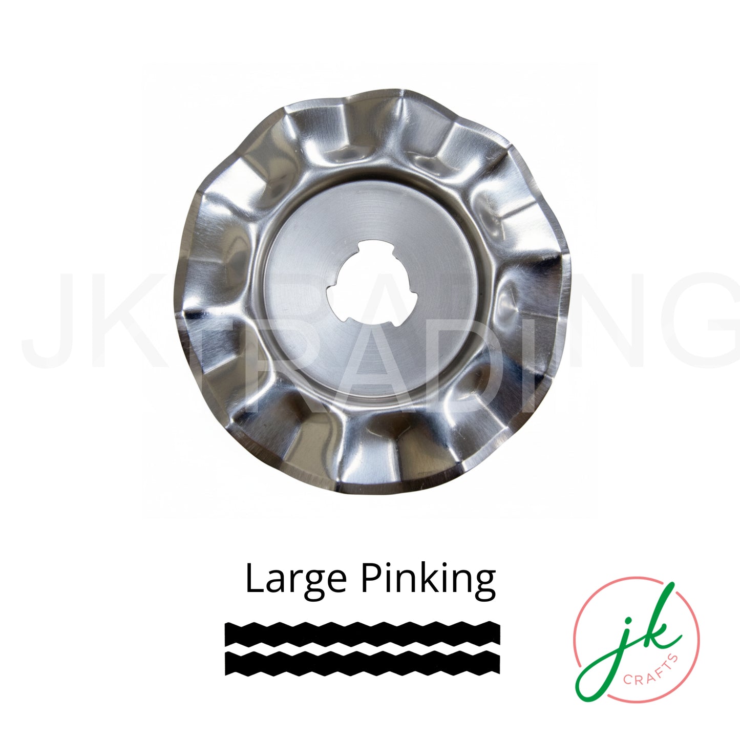 Heavy-duty large pinking rotary cutter blade showcasing its classic deep V-shape teeth to prevent fabric fraying.
