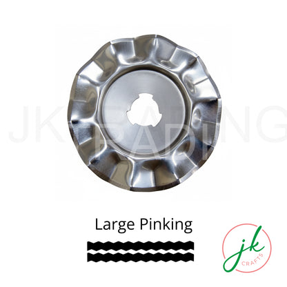 Heavy-duty large pinking rotary cutter blade showcasing its classic deep V-shape teeth to prevent fabric fraying.
