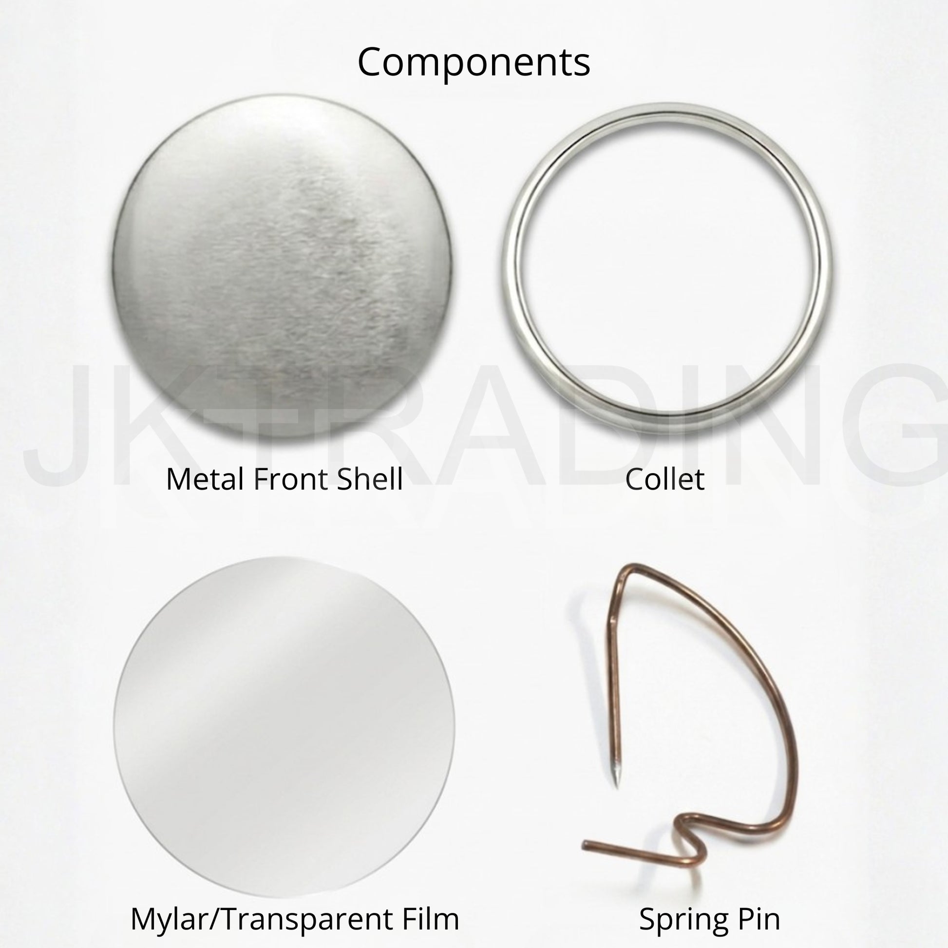 Four-part component breakdown showing metal front shell, metal collet back, mylar film, and wire spring pin.