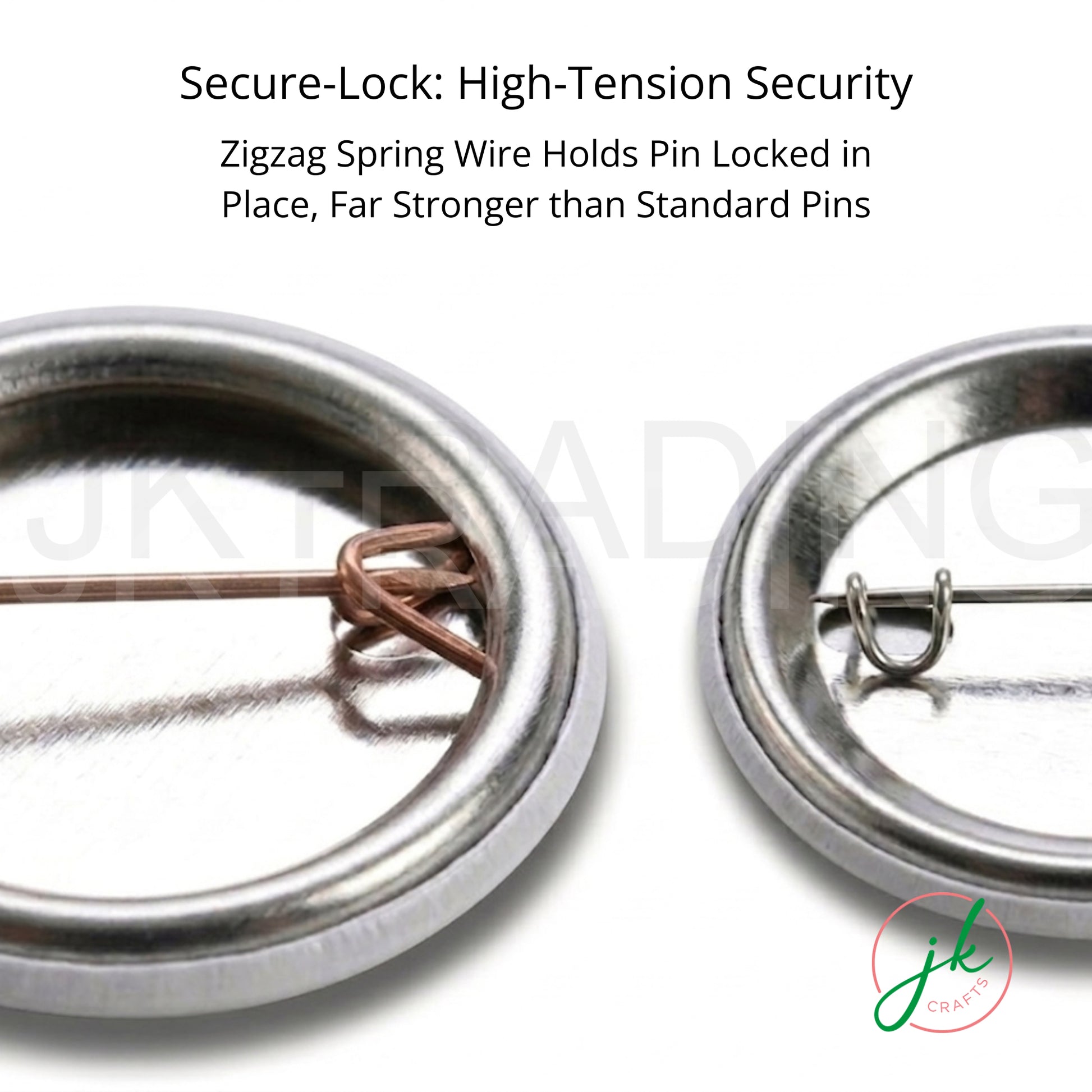 Close-up of secure-lock high-tension zig-zag spring wire pre-locked inside professional metal badge backings.