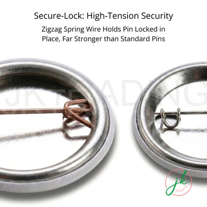 Close-up of secure-lock high-tension zig-zag spring wire pre-locked inside professional metal badge backings.