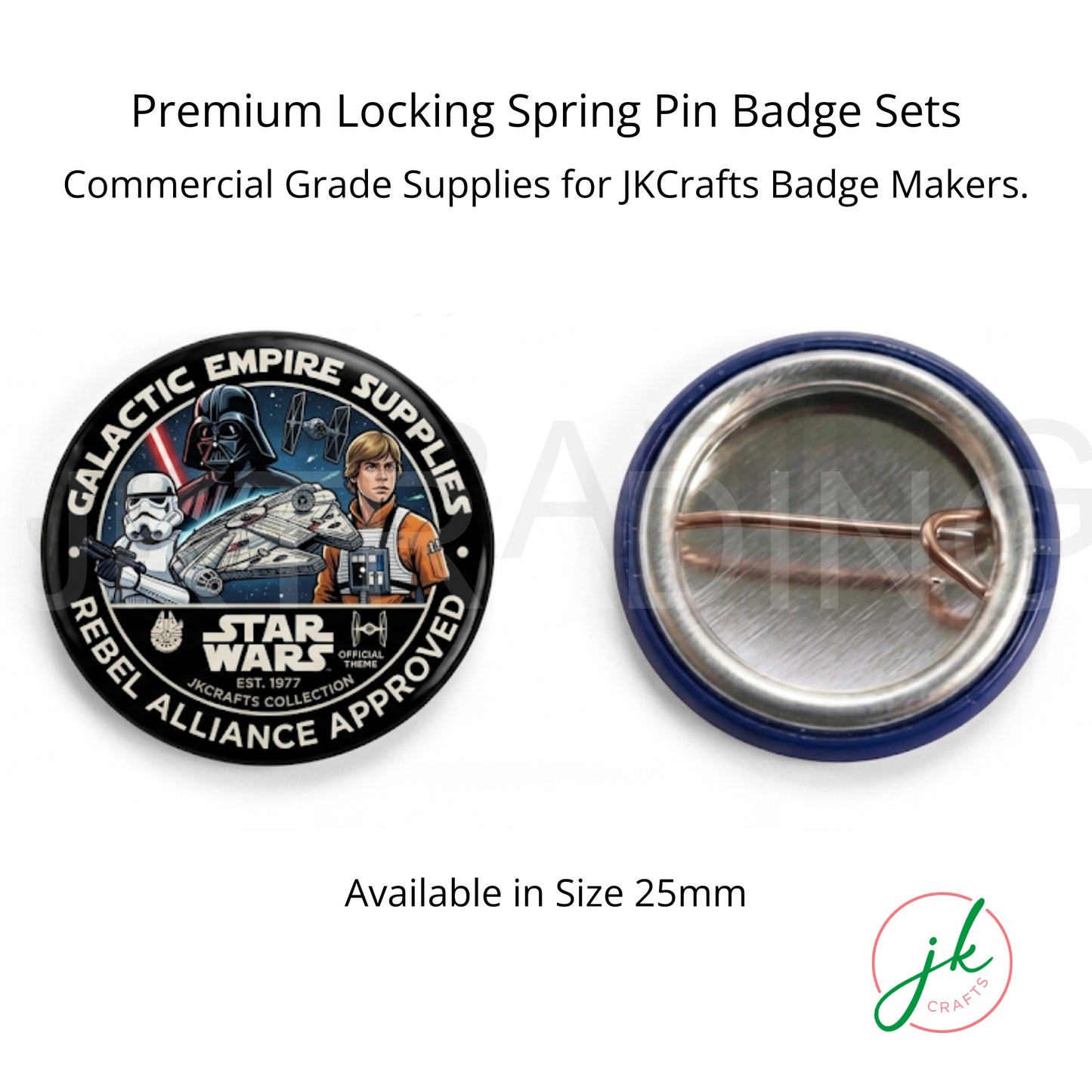 Star Wars-themed badge set with pin and backing card on a white background