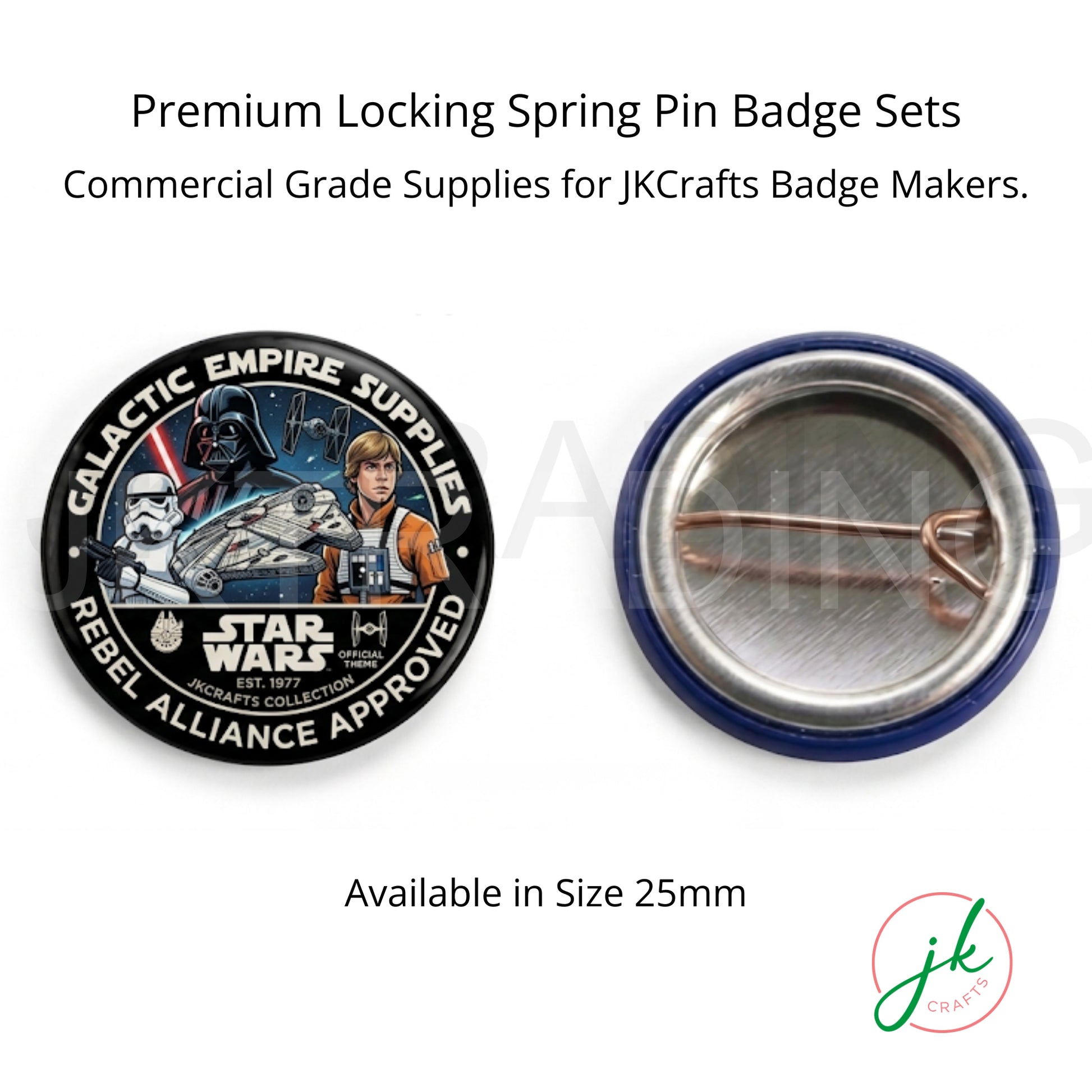 Star Wars-themed badge set with pin and backing card on a white background