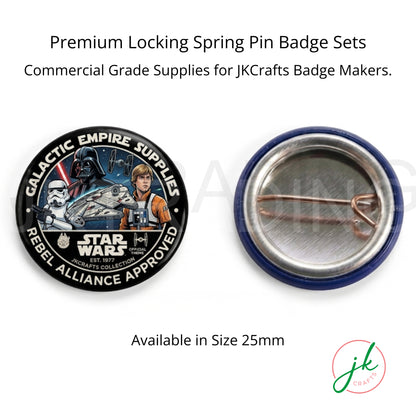 Star Wars-themed badge set with pin and backing card on a white background