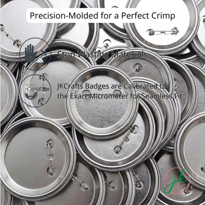 Stack of metal badge components with text about precision molding and calibration.