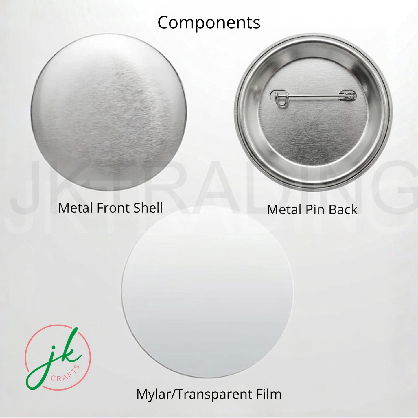 Components of a metal button badge including metal front shell, metal pin back, and mylar/transparent film on a white background.