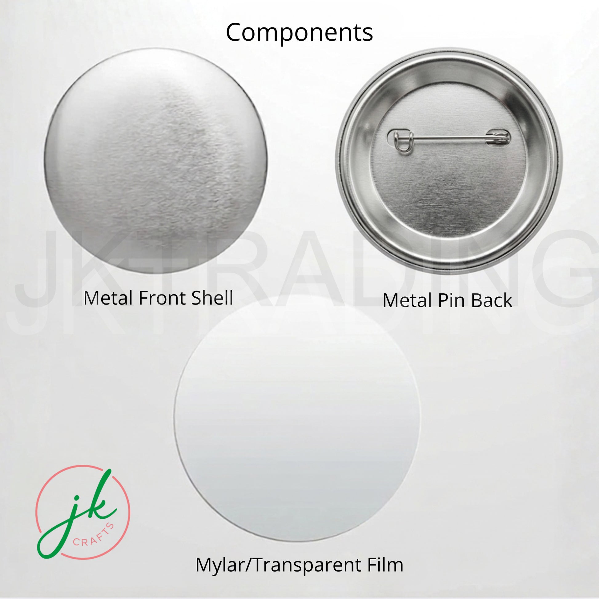 Components of a metal button badge including metal front shell, metal pin back, and mylar/transparent film on a white background.
