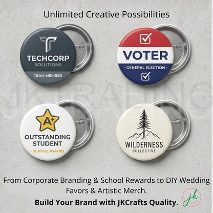 Collection of buttons with various designs and text on a gray background, promoting JK Crafts quality.
