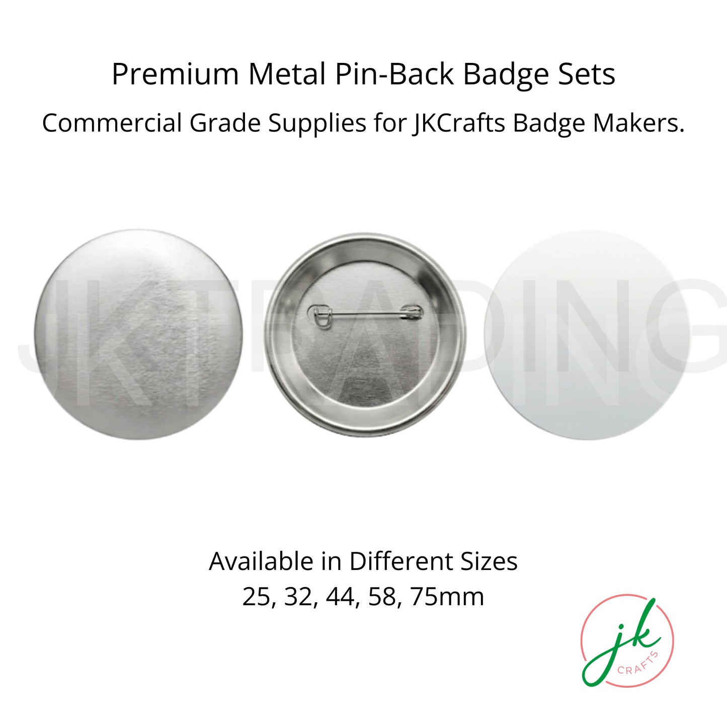 Metal pin-back badge sets with 'jk' branding on a white background
