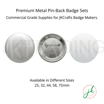 Metal pin-back badge sets with 'jk' branding on a white background