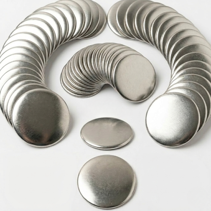 Arched stacks of blank round metal front shells for DIY button badge maker press machines.