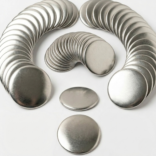 Arched stacks of blank round metal front shells for DIY button badge maker press machines.