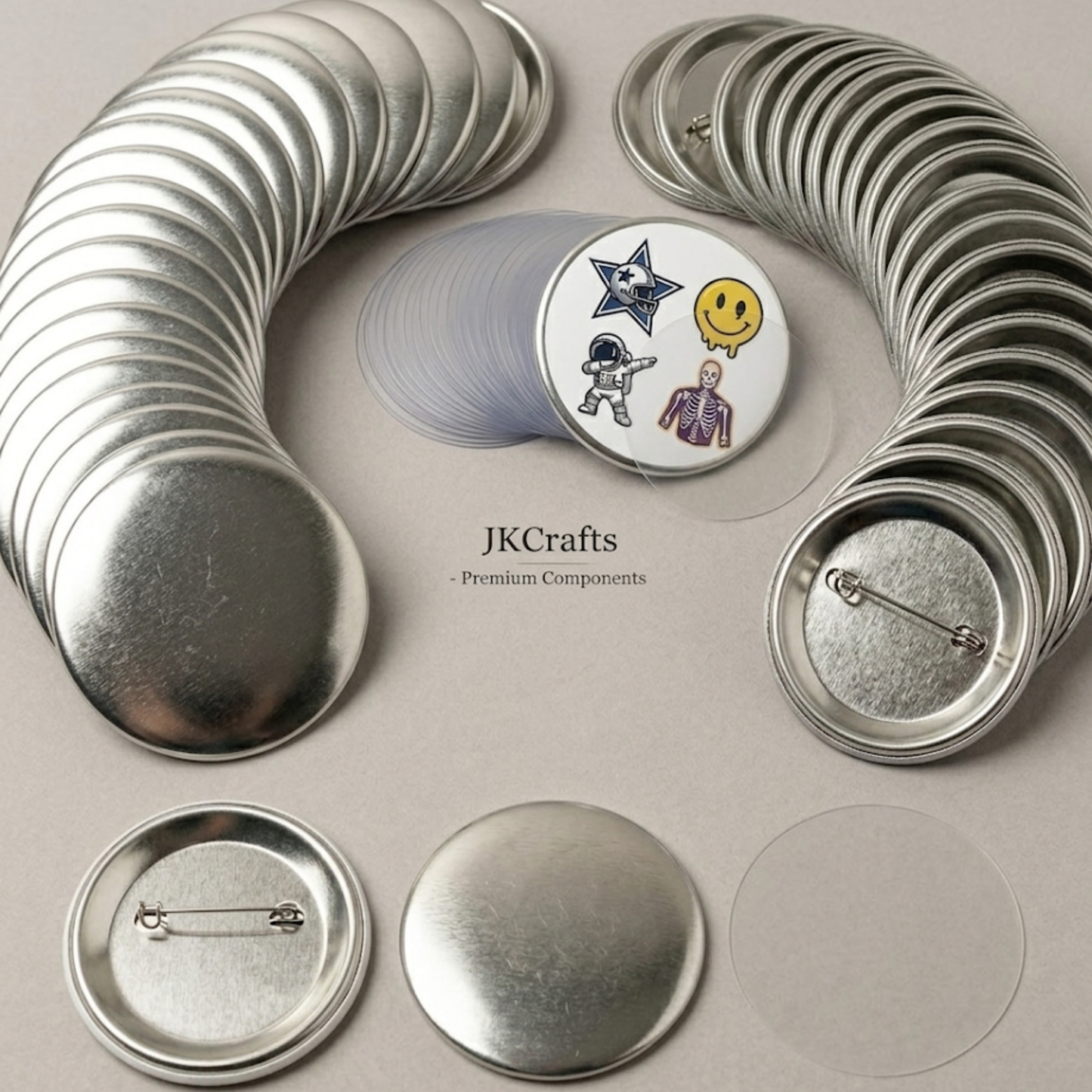 Complete DIY blank metal pinback button badge kit parts with shells, pin backings, and clear mylar circles.