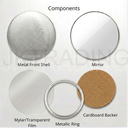 Breakdown of compact mirror badge parts including metal front shell, glass mirror, metallic ring, and cardboard pad.