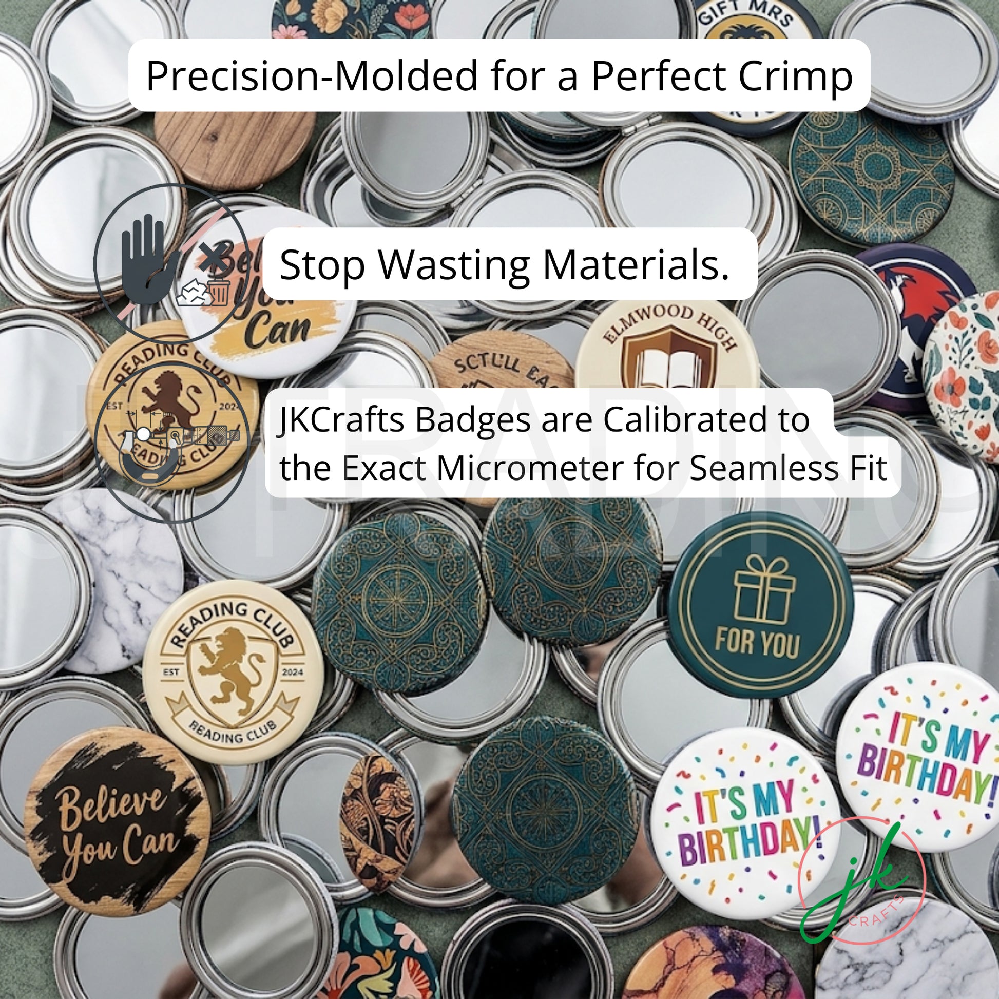 Assorted finished graphic pocket mirrors showing perfect edge crimps from a professional badge press machine.