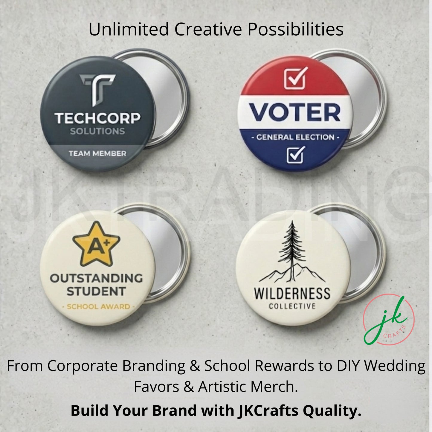 Examples of custom promotional pocket mirrors used for corporate branding, voter campaigns, and student rewards.