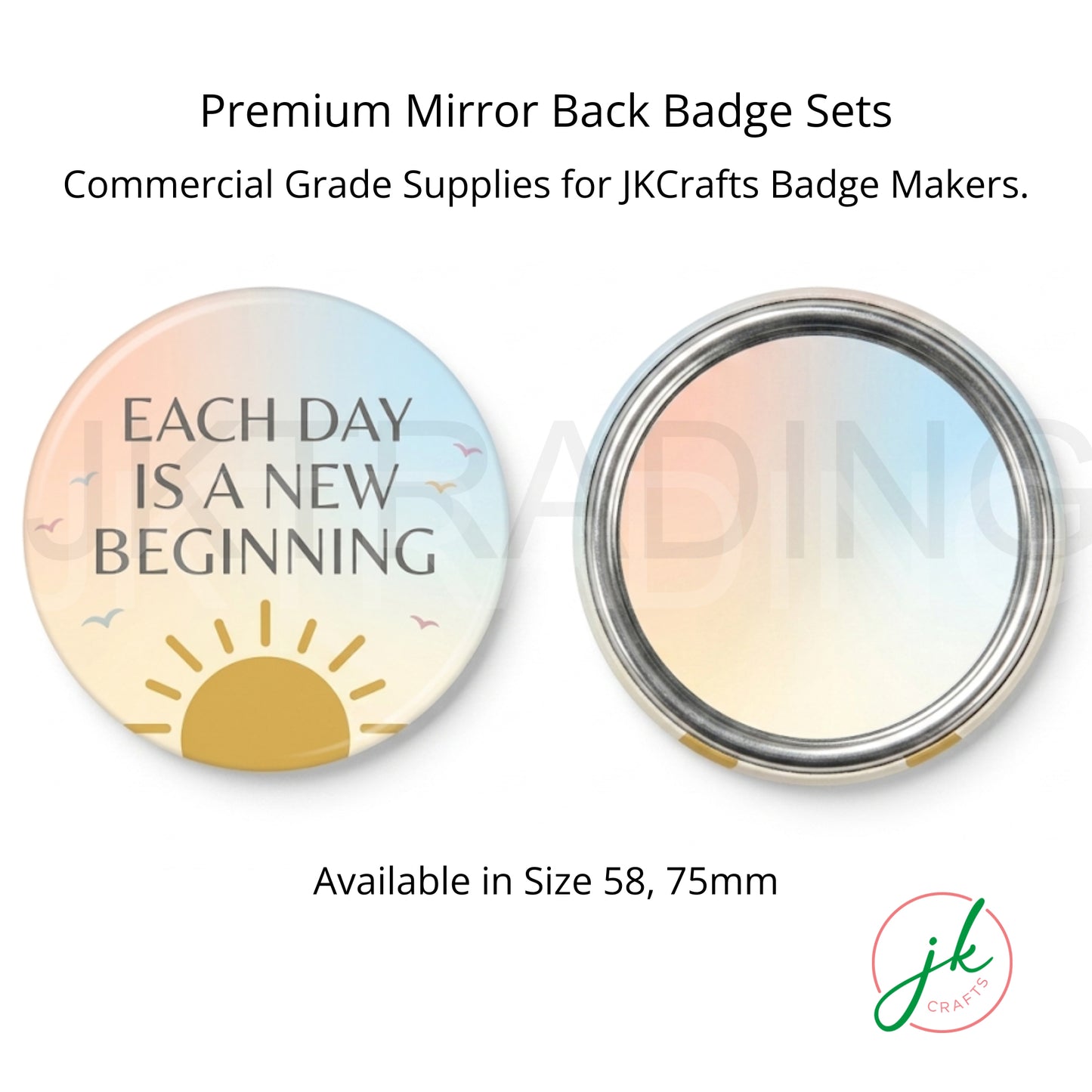 JKCrafts premium pocket mirror back badge sets available in standard 58mm and 75mm sizes.