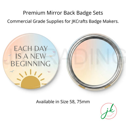 JKCrafts premium pocket mirror back badge sets available in standard 58mm and 75mm sizes.