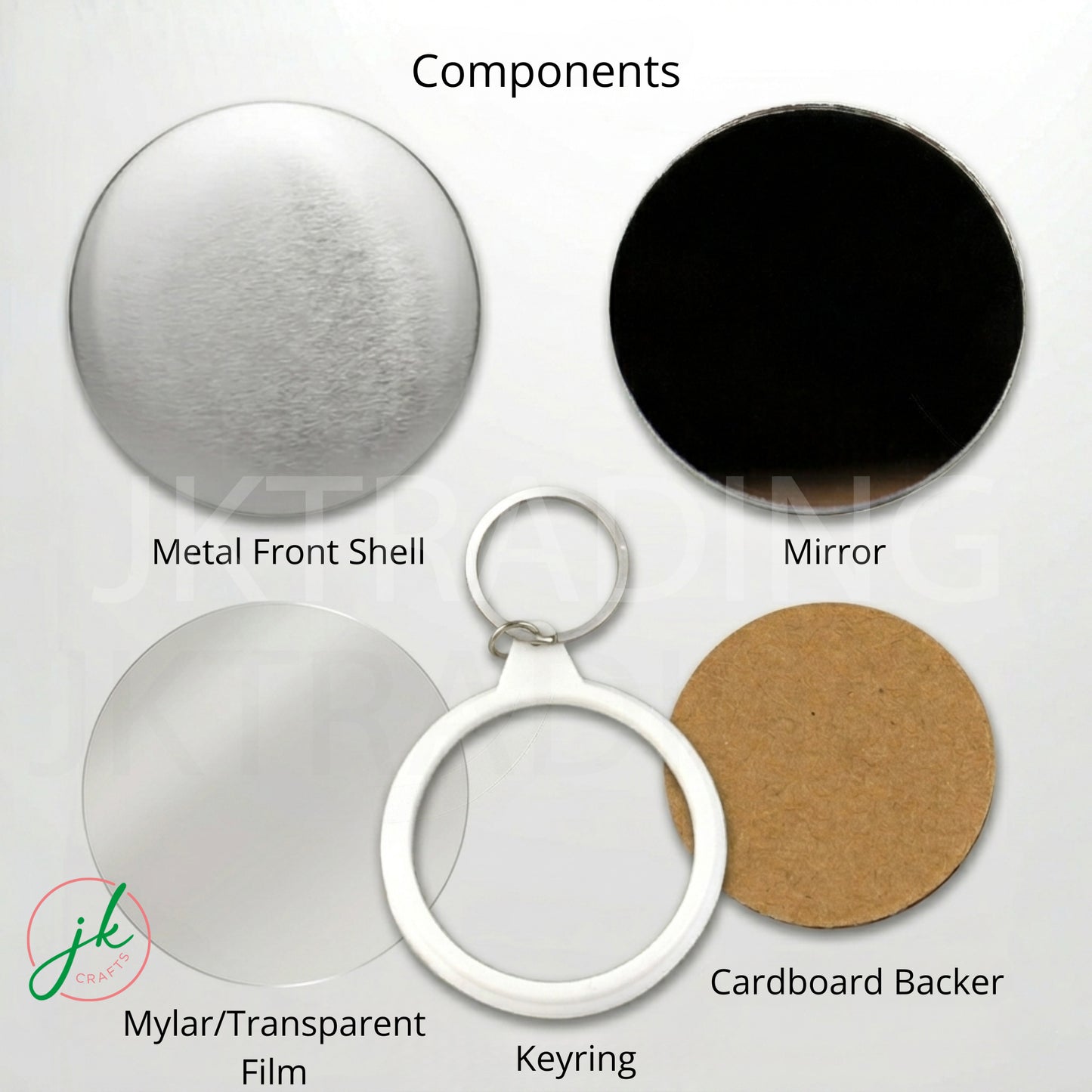 Components of a mirror back keychain button badge including metal front shell, mirror, mylar/transparent film, cardboard backer, and keyring on a white background.