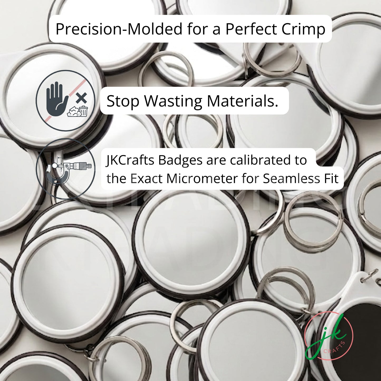 Close-up of precision-molded commercial mirror back keychain badge.