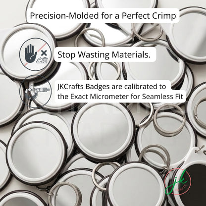 Close-up of precision-molded commercial mirror back keychain badge.