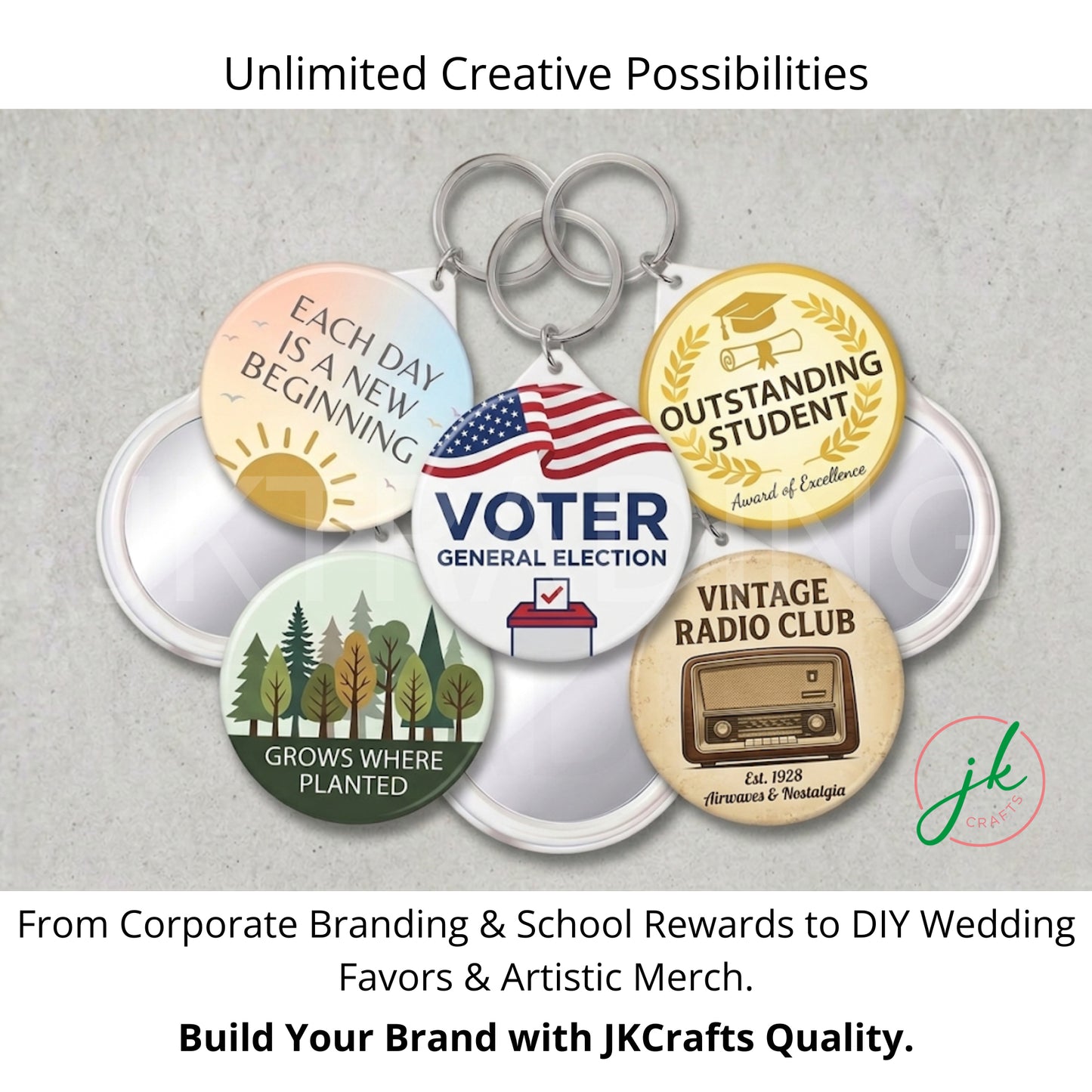 Finished examples of custom printed graphic pocket mirror keychains for business promotions and voter campaigns.