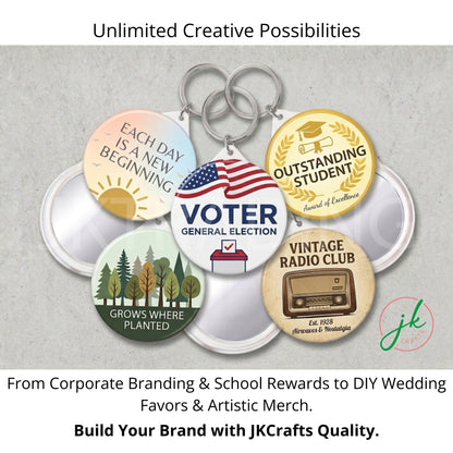 Finished examples of custom printed graphic pocket mirror keychains for business promotions and voter campaigns.