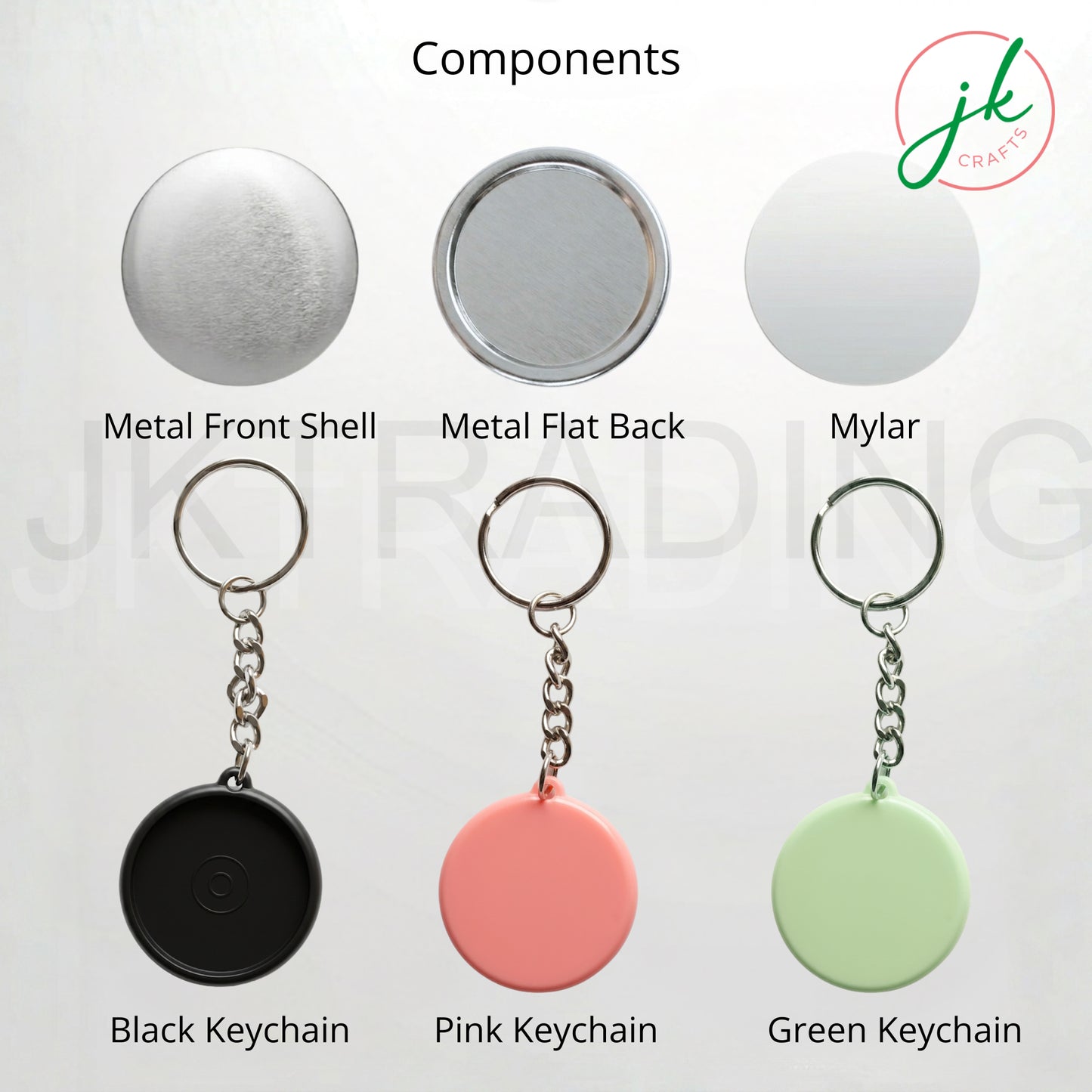 Keychain components including metal front shell, metal flat back, mylar material, and three keychains in black, pink, and green on a white background.